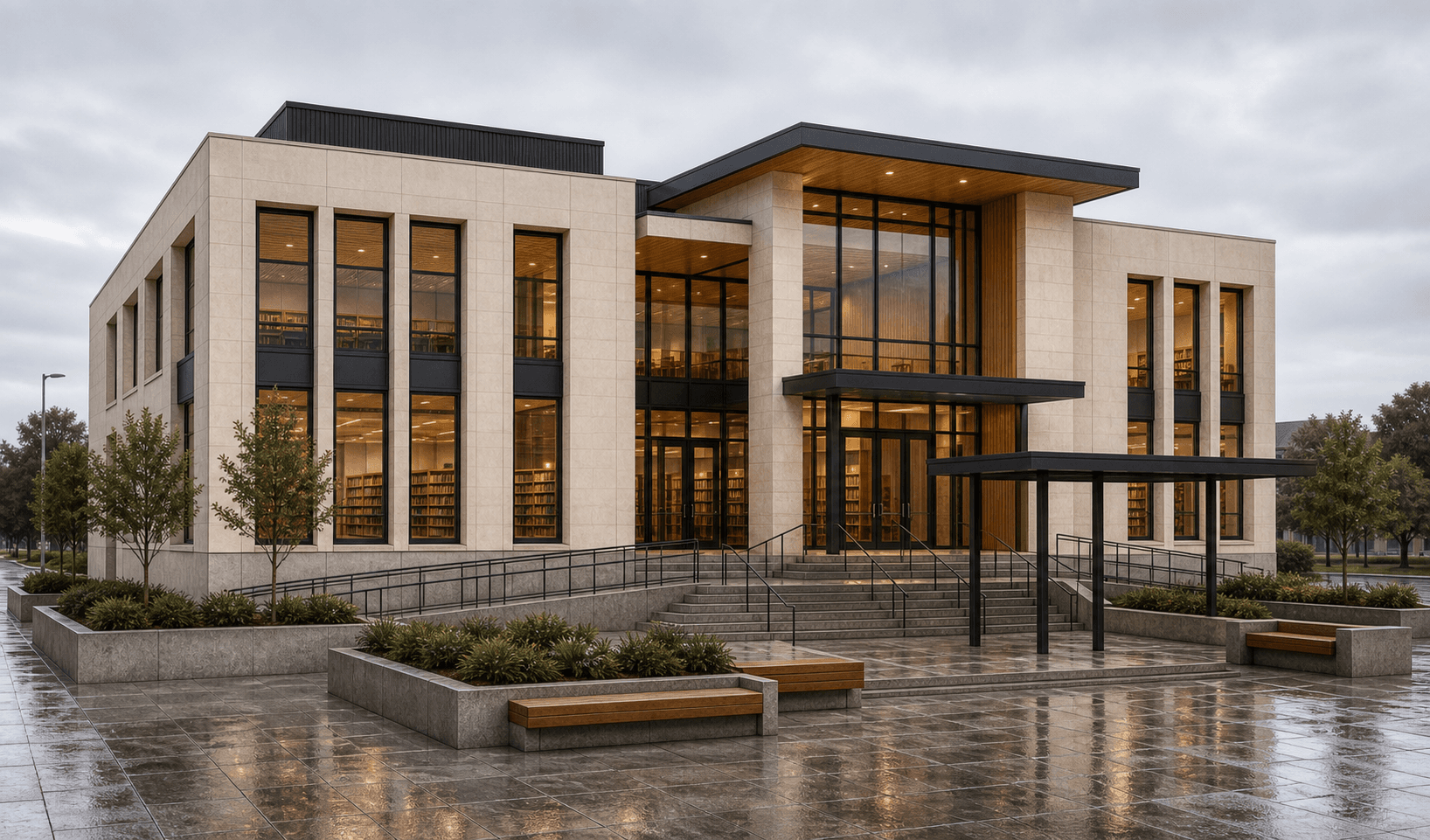 Photo-realistic AI render of public library facade made from a Revit model
