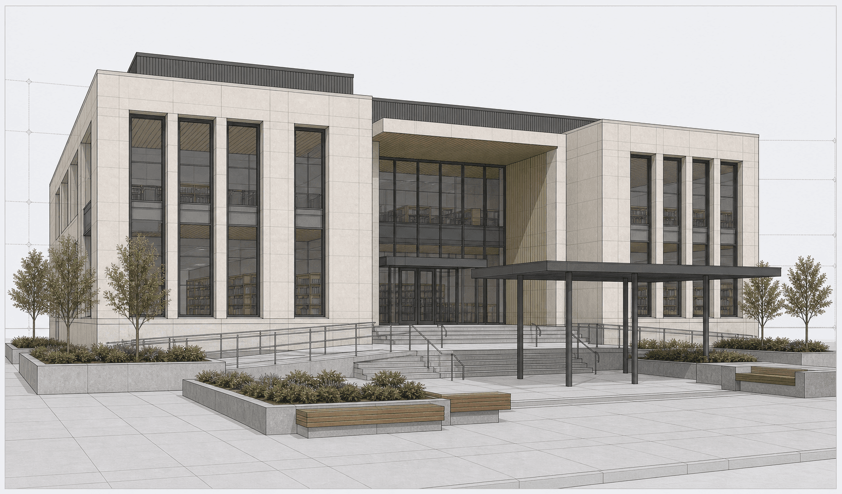 Revit model screenshot of public library facade before photo-realism rendering