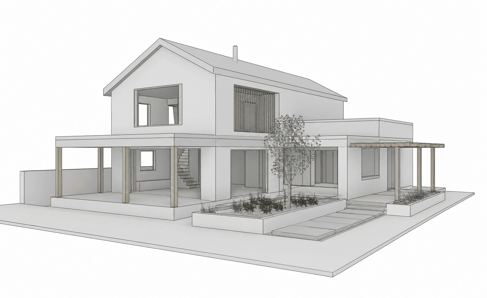 Revit model screenshot of a sustainable single-family house before photo-realism rendering