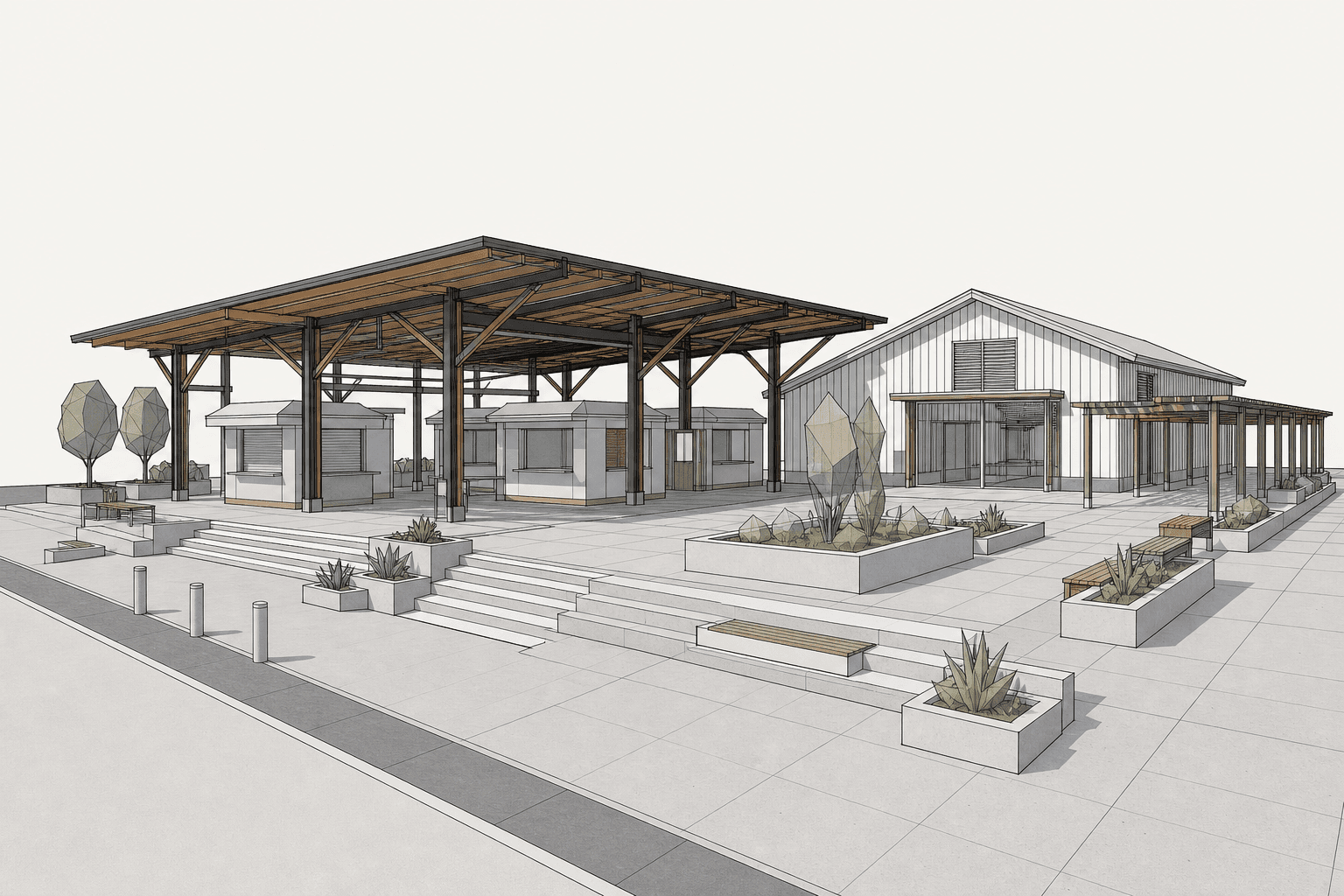 SketchUp model screenshot of a public market pavilion before photo-realism rendering