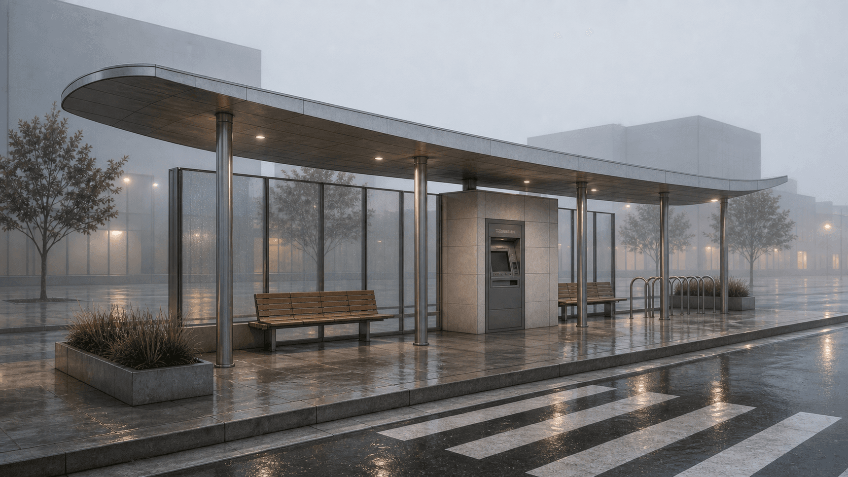Photo-realistic AI render of urban transit pavilion made from a Rhino model
