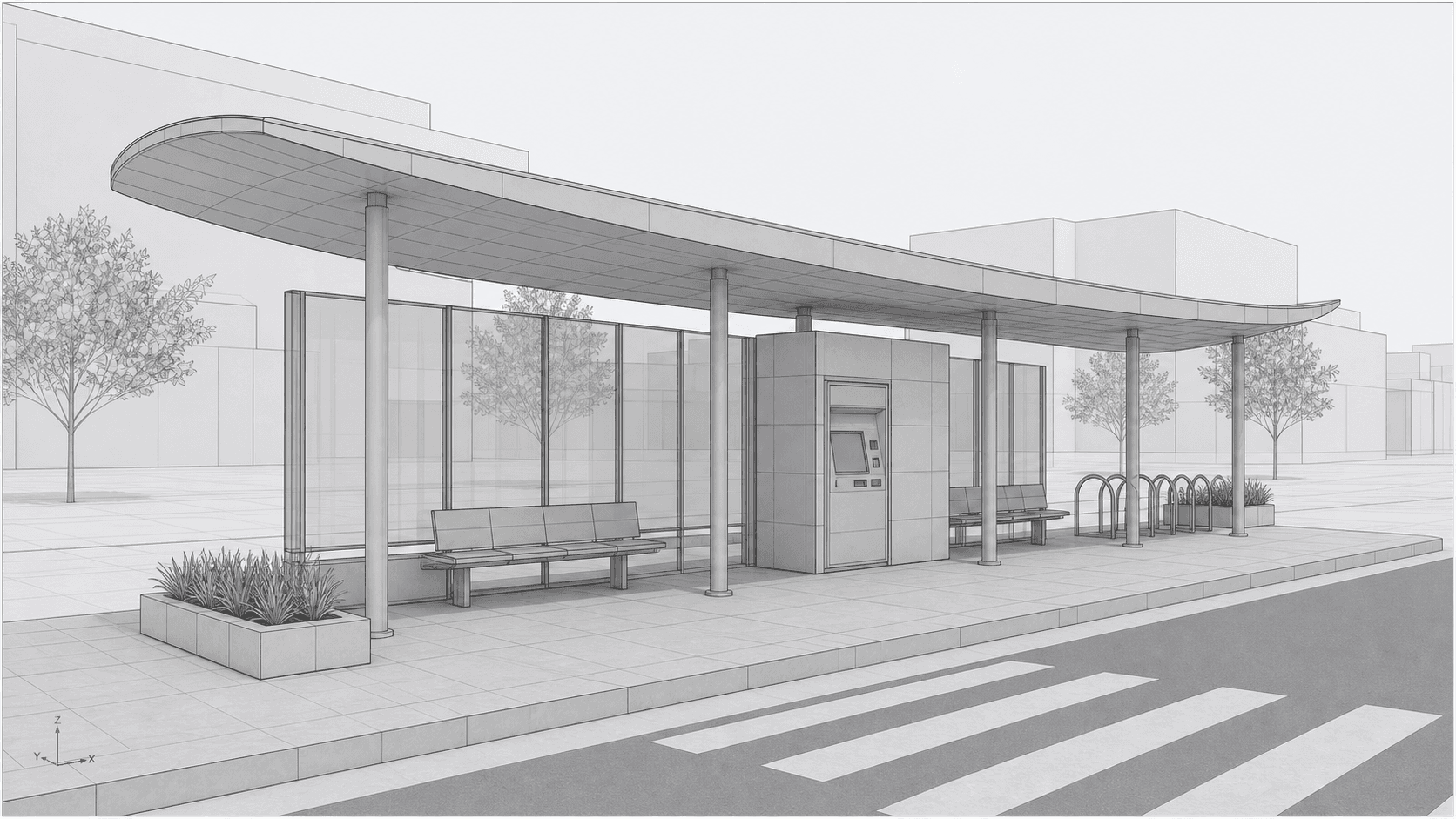 Rhino model screenshot of urban transit pavilion before photo-realism rendering