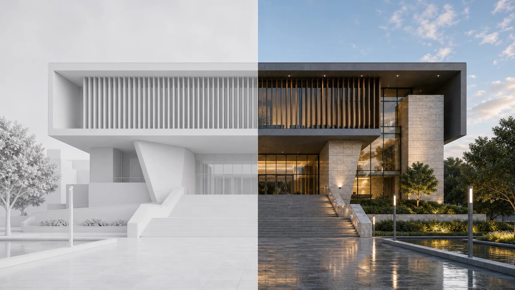 Clay architectural model view converted into a finished render