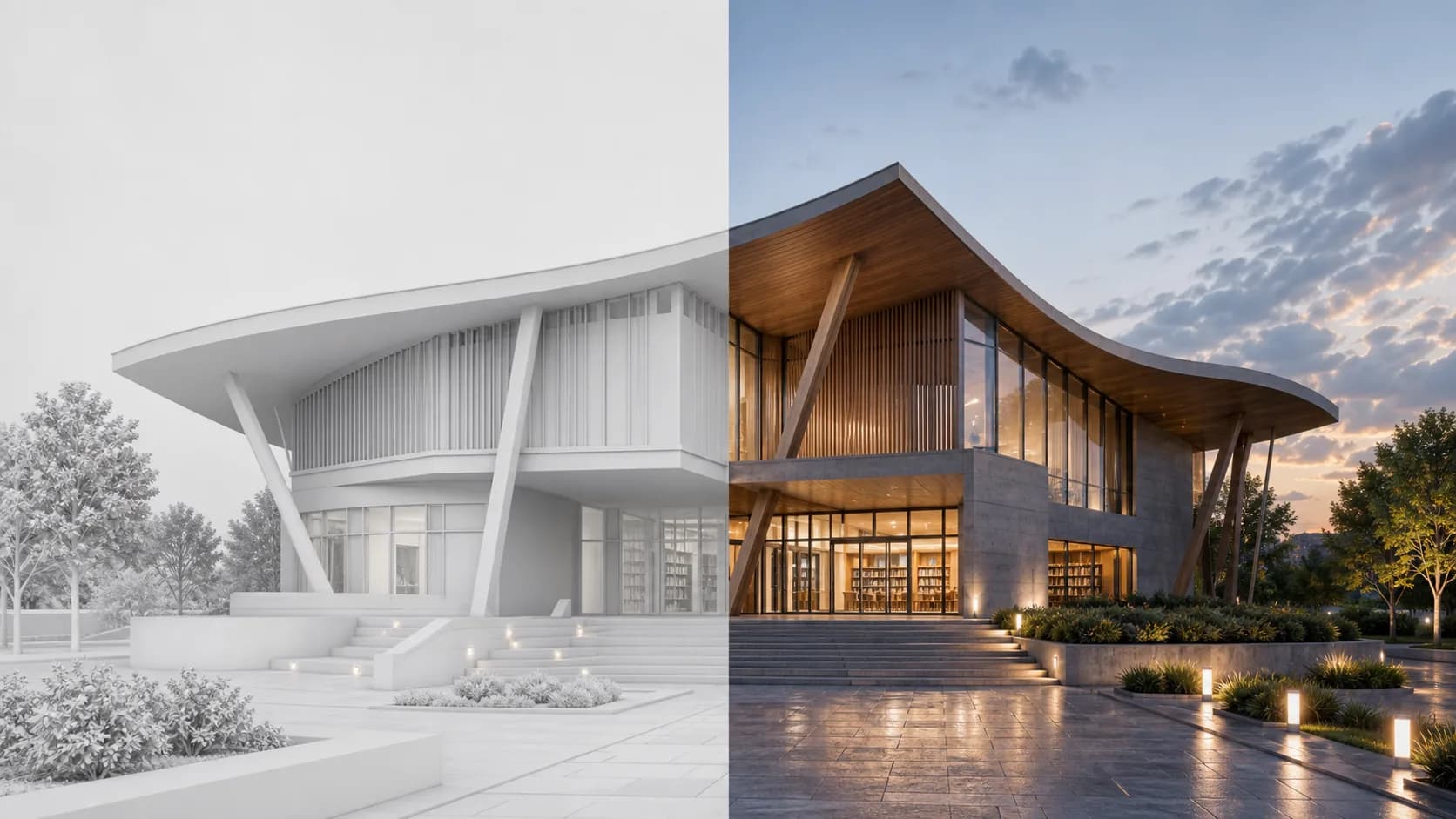 Clay architectural library preview transformed into a finished AI render