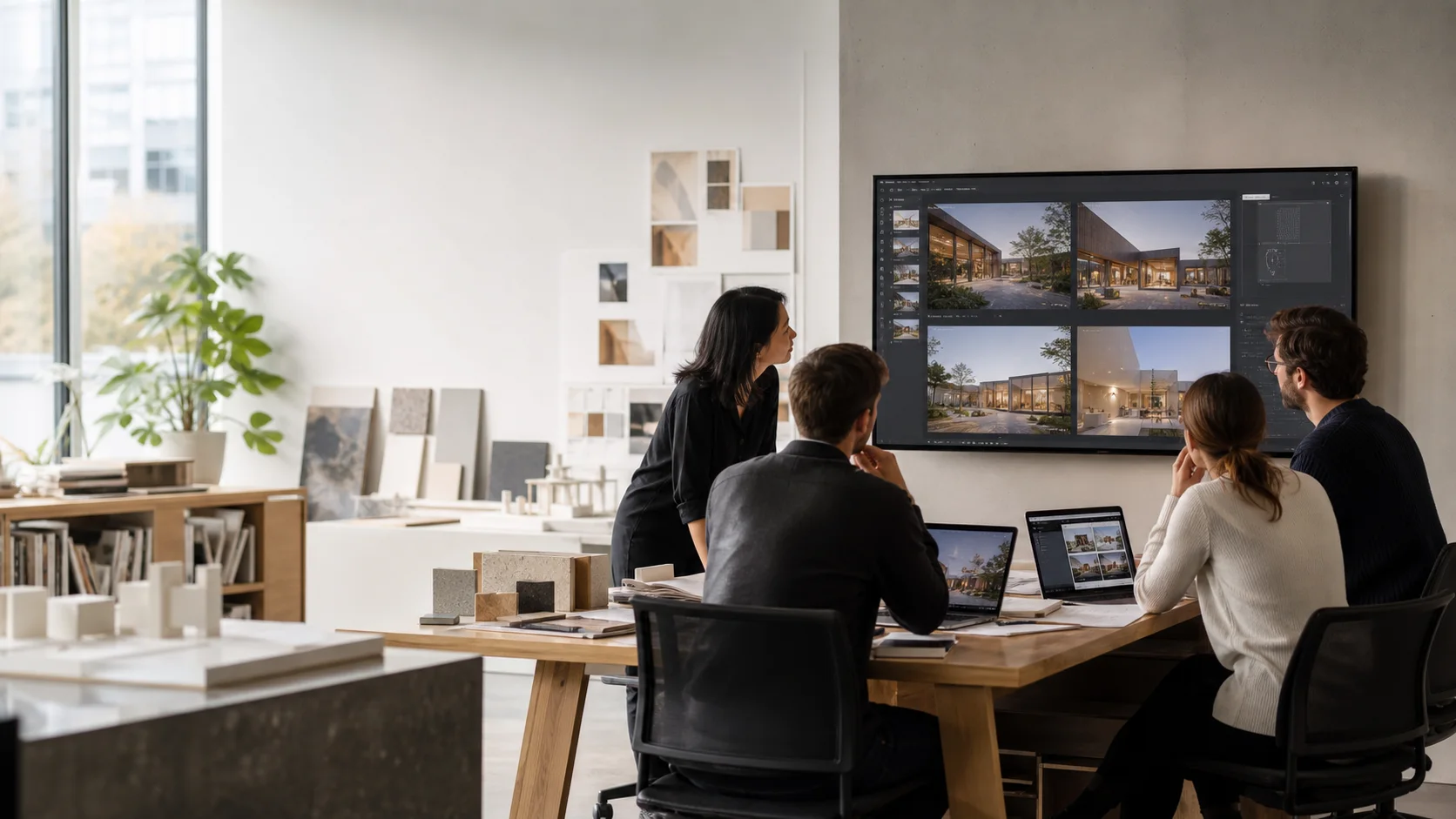 Architecture studio team reviewing AI render options together