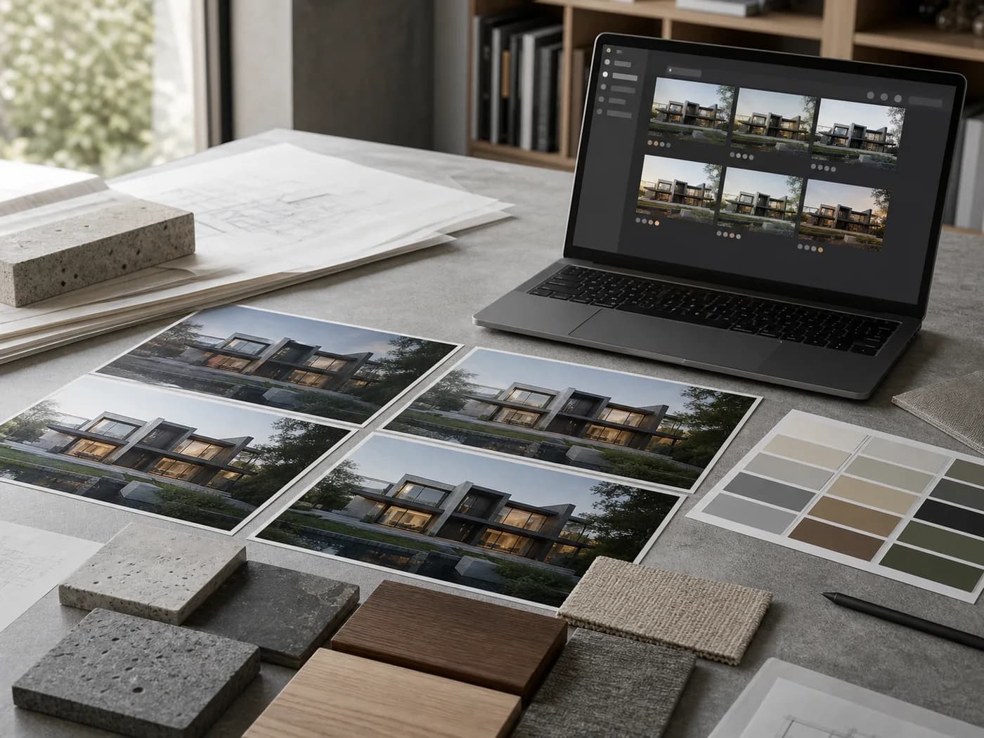 Shared architectural render presets and material direction on a studio table
