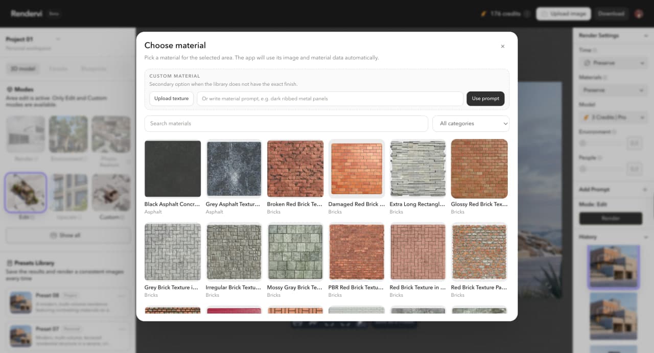 Material library and prompt dialog for changing render materials in Rendervi