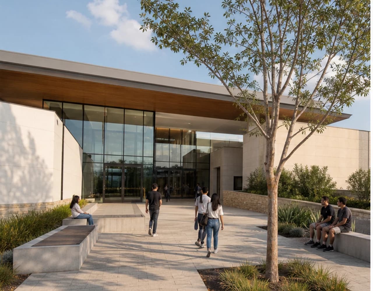 Public building render after adding people and a tree in Rendervi