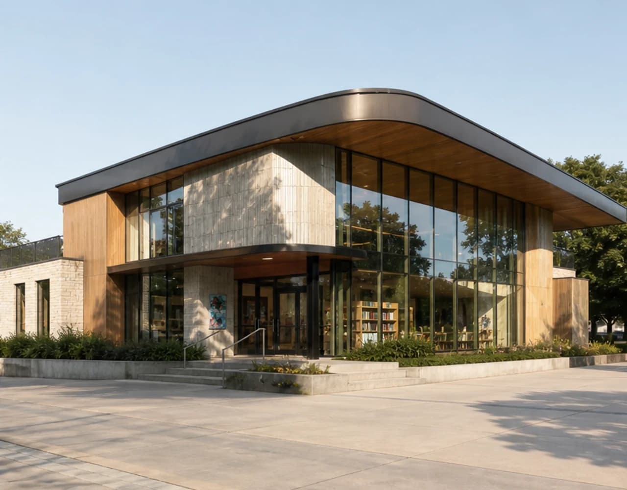 Public building render after removing foreground trees in Rendervi