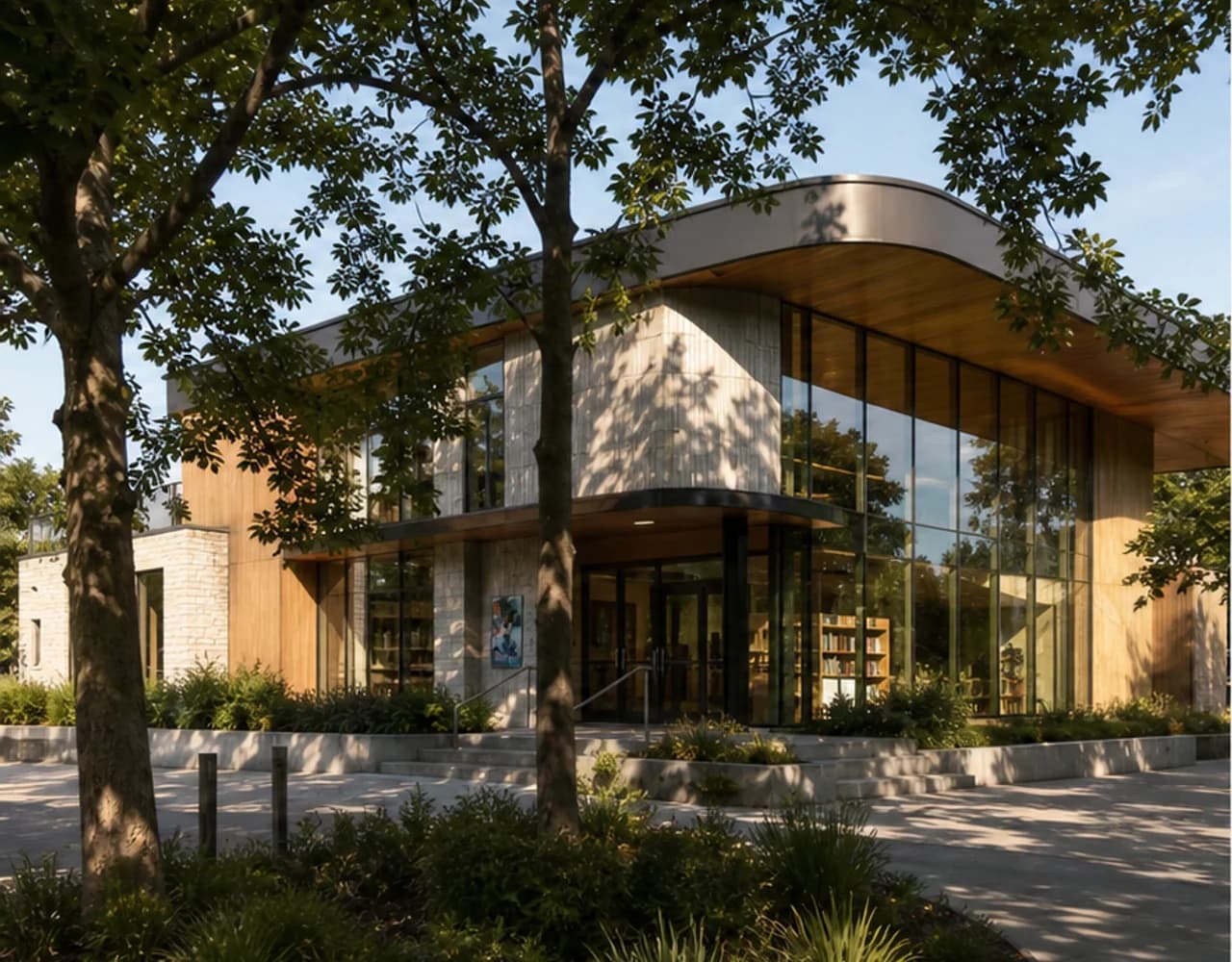 Public building render with foreground trees before object removal in Rendervi