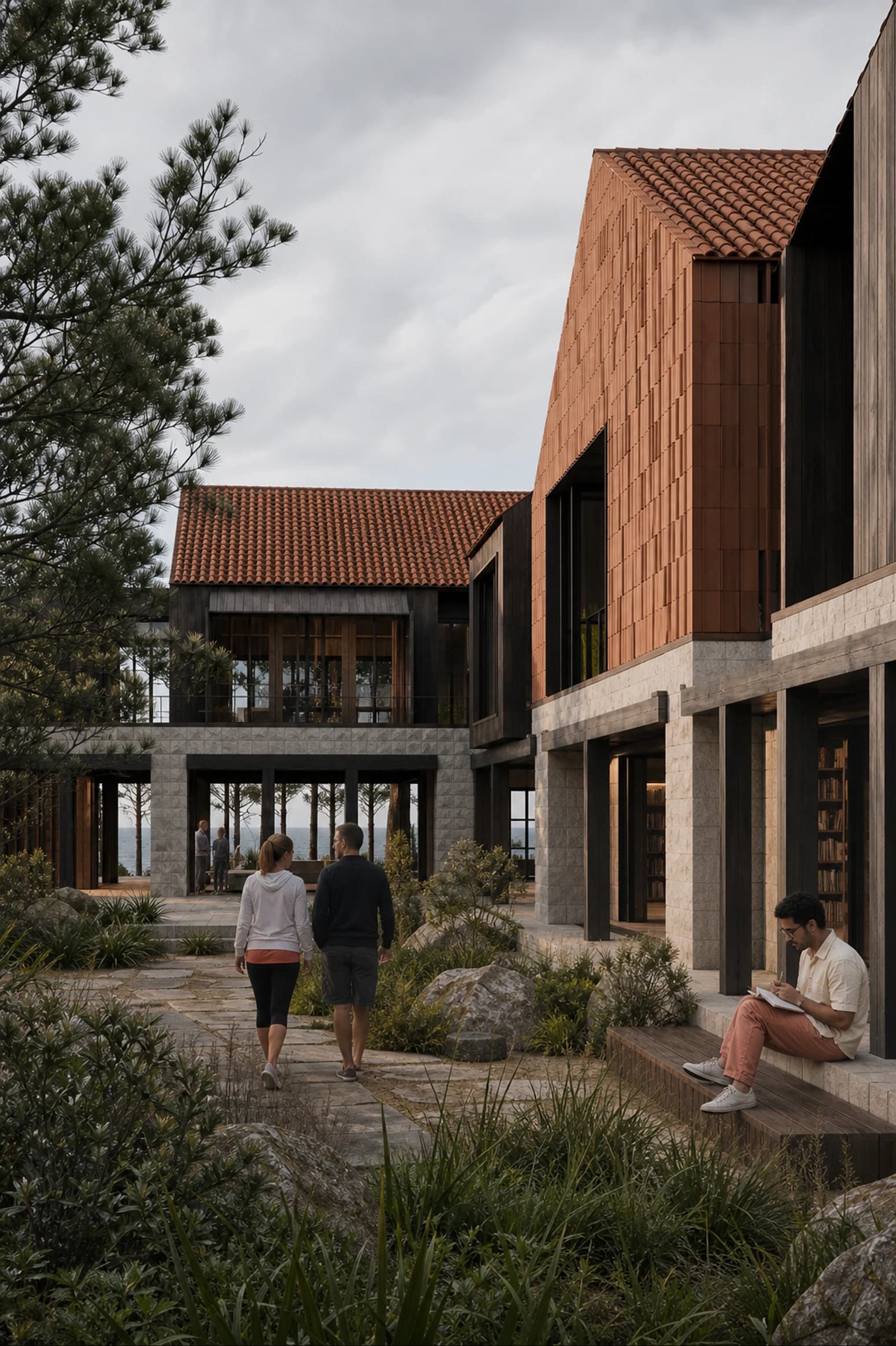 Architectural render after Rendervi AI blends people cutouts and landscape assets naturally into the scene