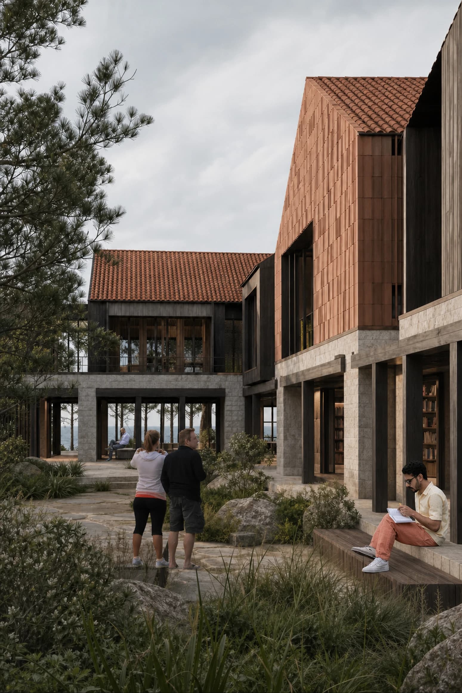 Architectural render collage before AI blending, with placed people cutouts in the scene