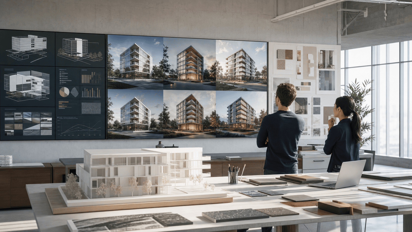 Architecture studio reviewing AI-assisted render variations and design analytics