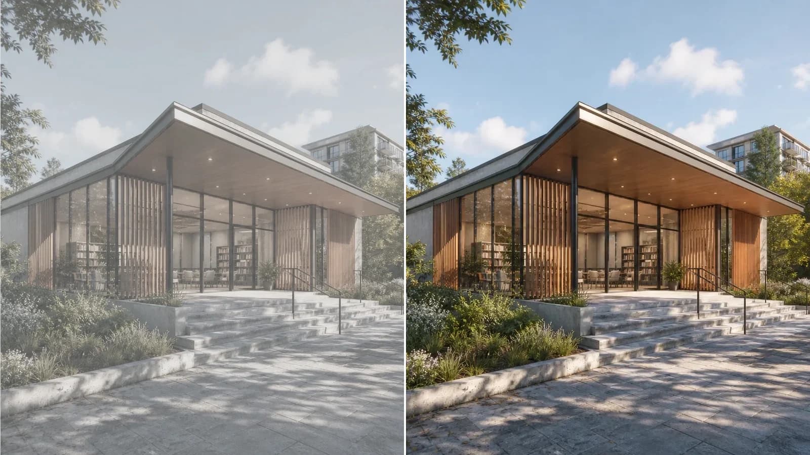 Before and after architecture render comparison for a portfolio project