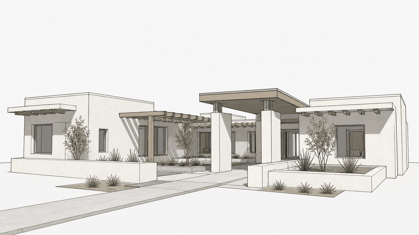 SketchUp model screenshot of a coastal clinic before Environment rendering