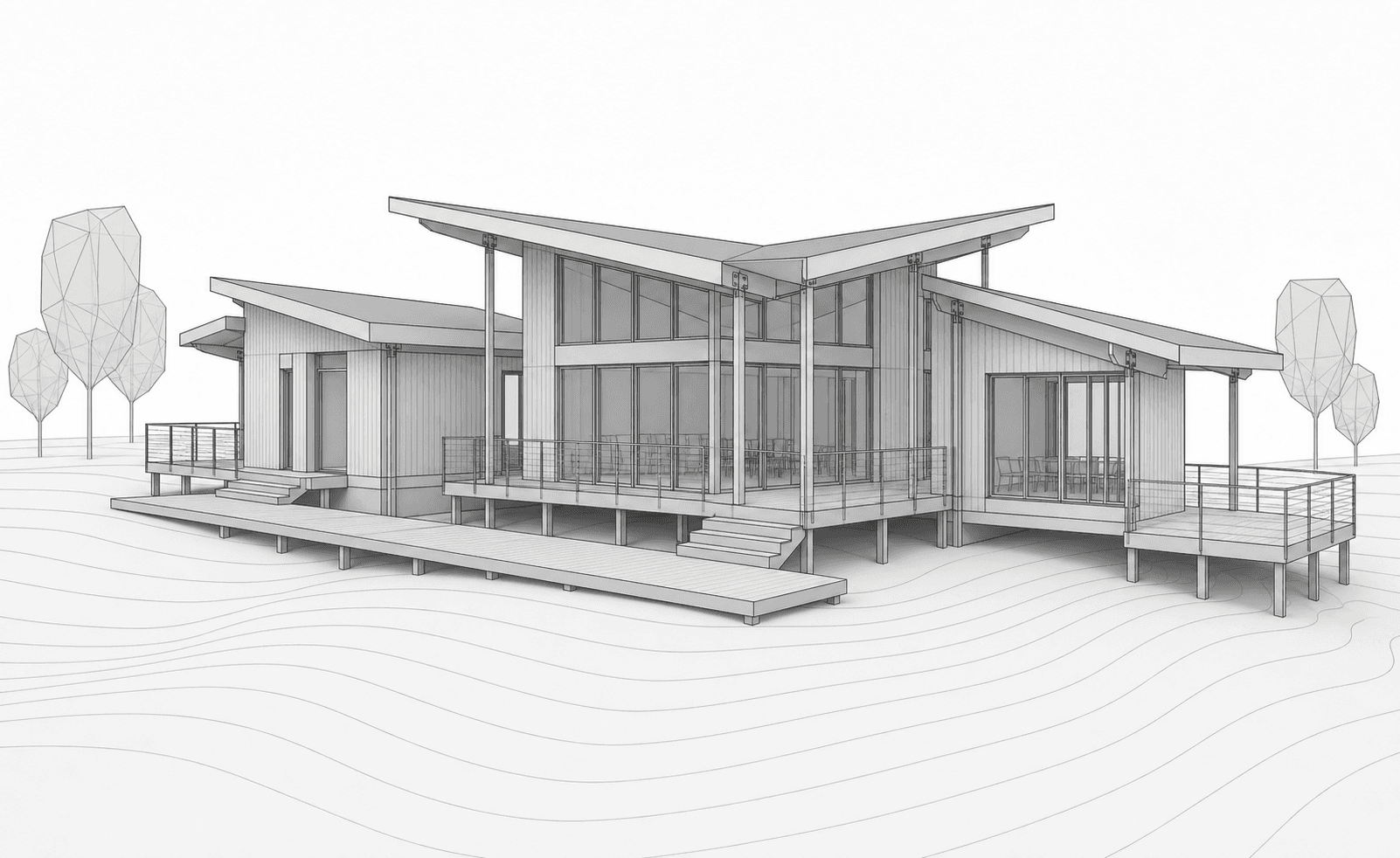Rhino model screenshot of a forest visitor center before Environment rendering