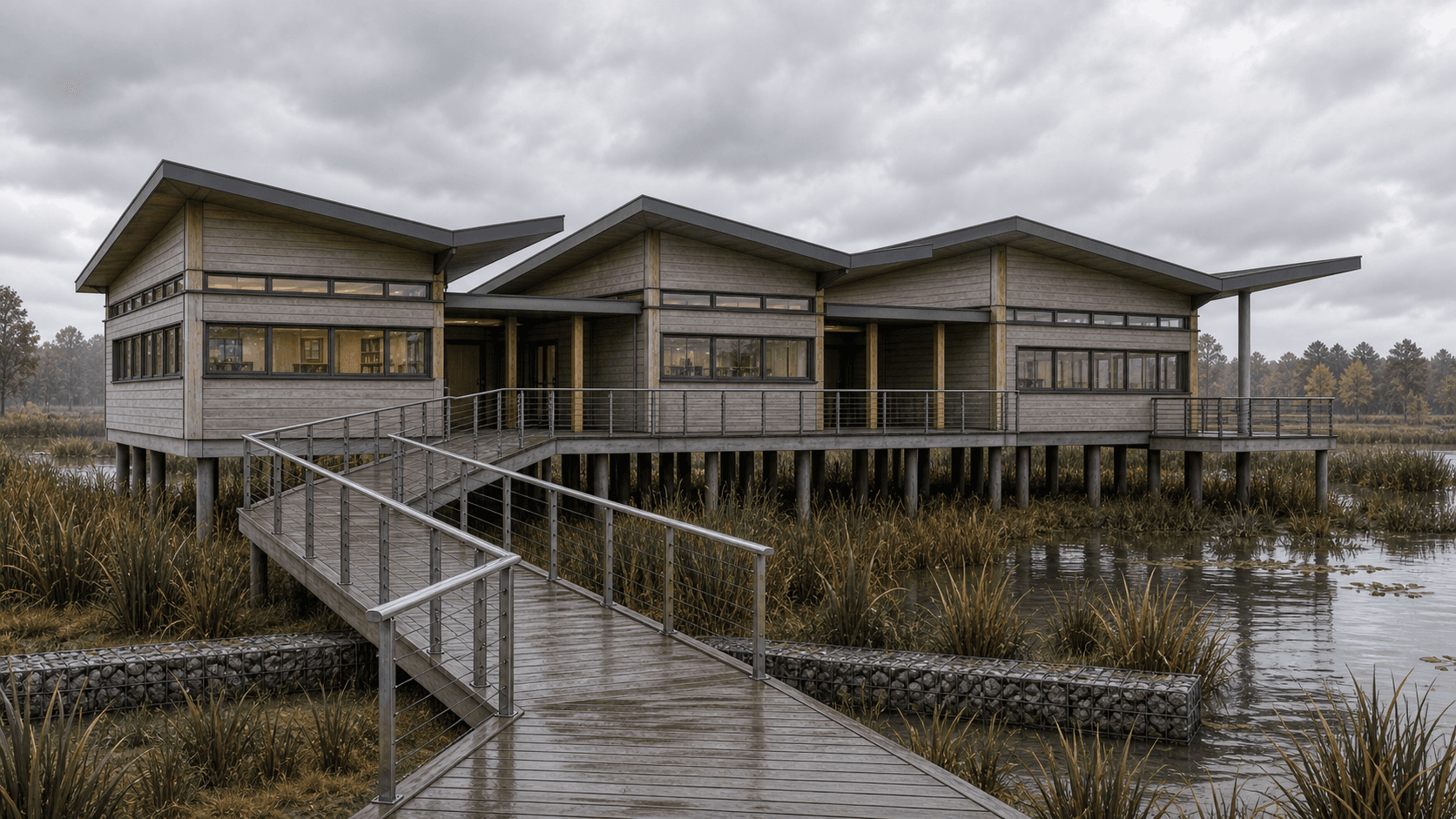 Environment AI render of a wetland learning center with cloudy marsh context made from a Revit model