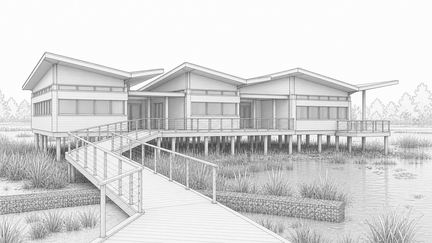 Revit model screenshot of a wetland learning center before Environment rendering