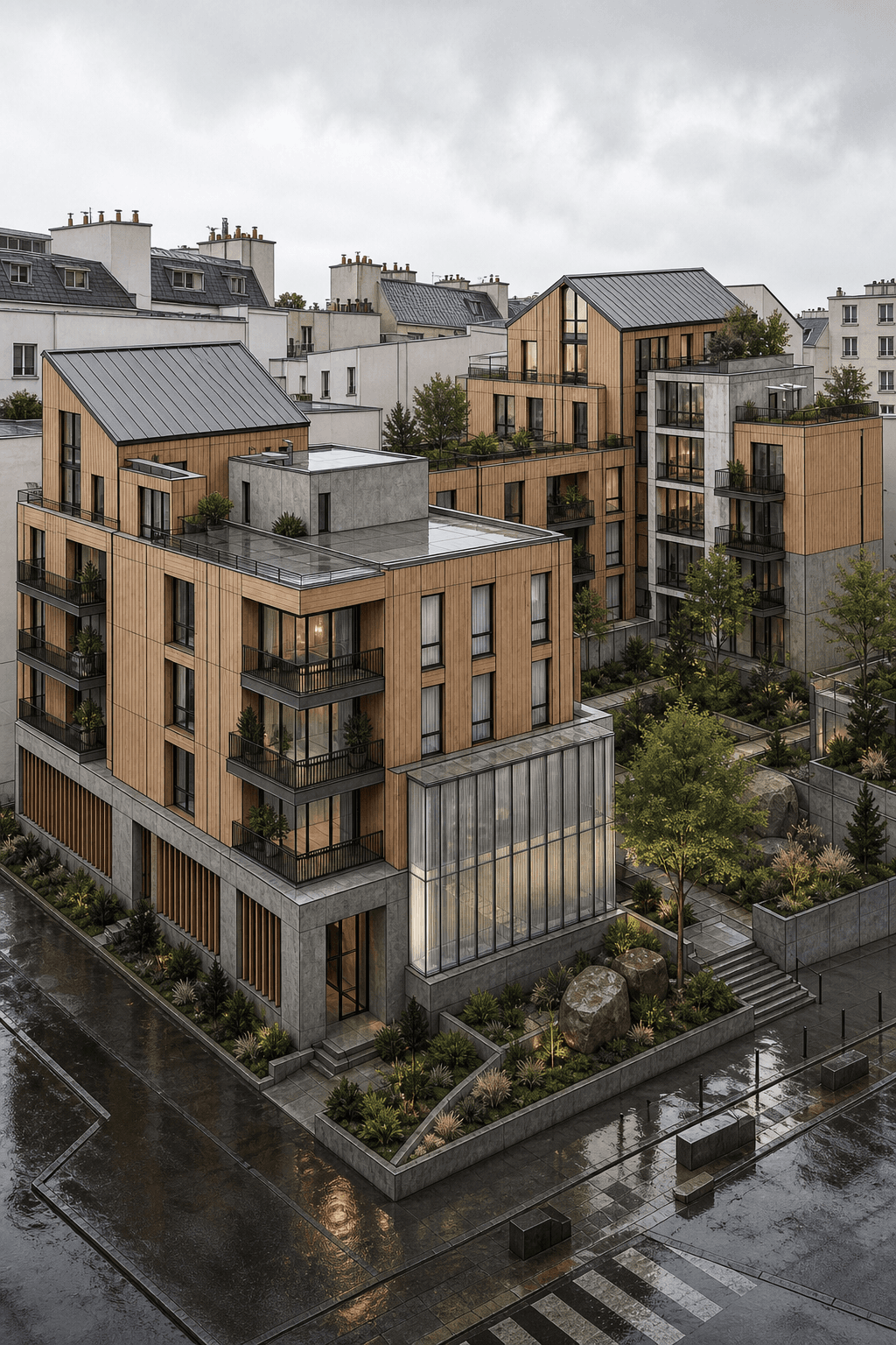 Photo-realistic AI render of clustered courtyard housing made from a Revit model