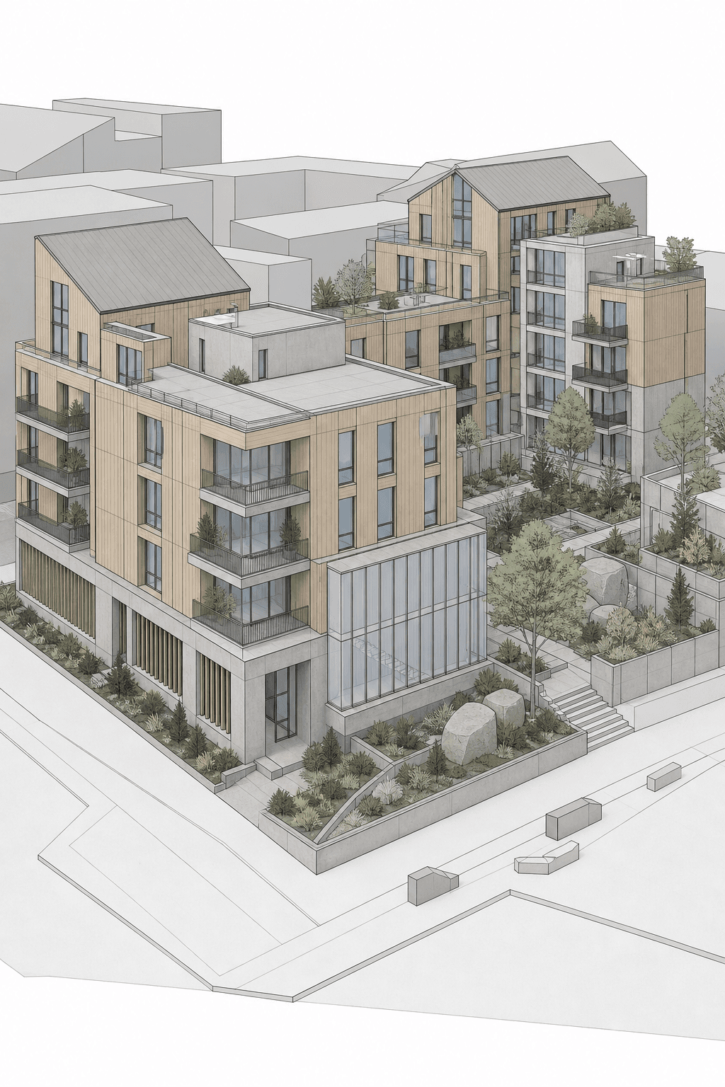 Revit model screenshot of clustered courtyard housing before photo-realism rendering