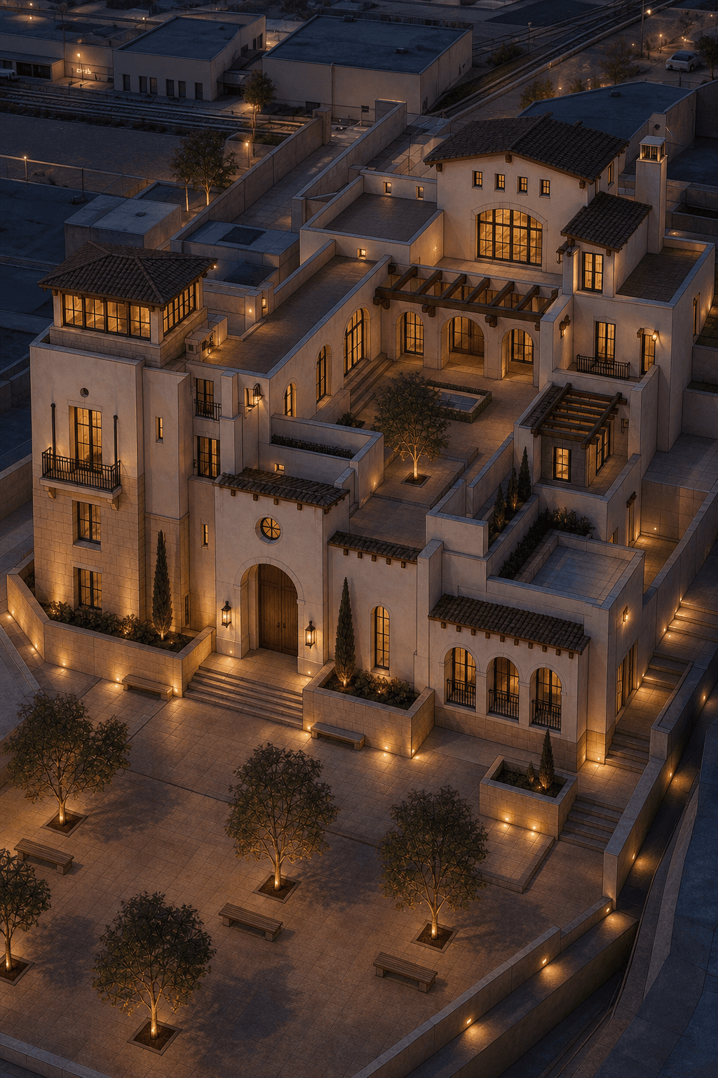 Photo-realistic AI render of courtyard estate home made from a Rhino model