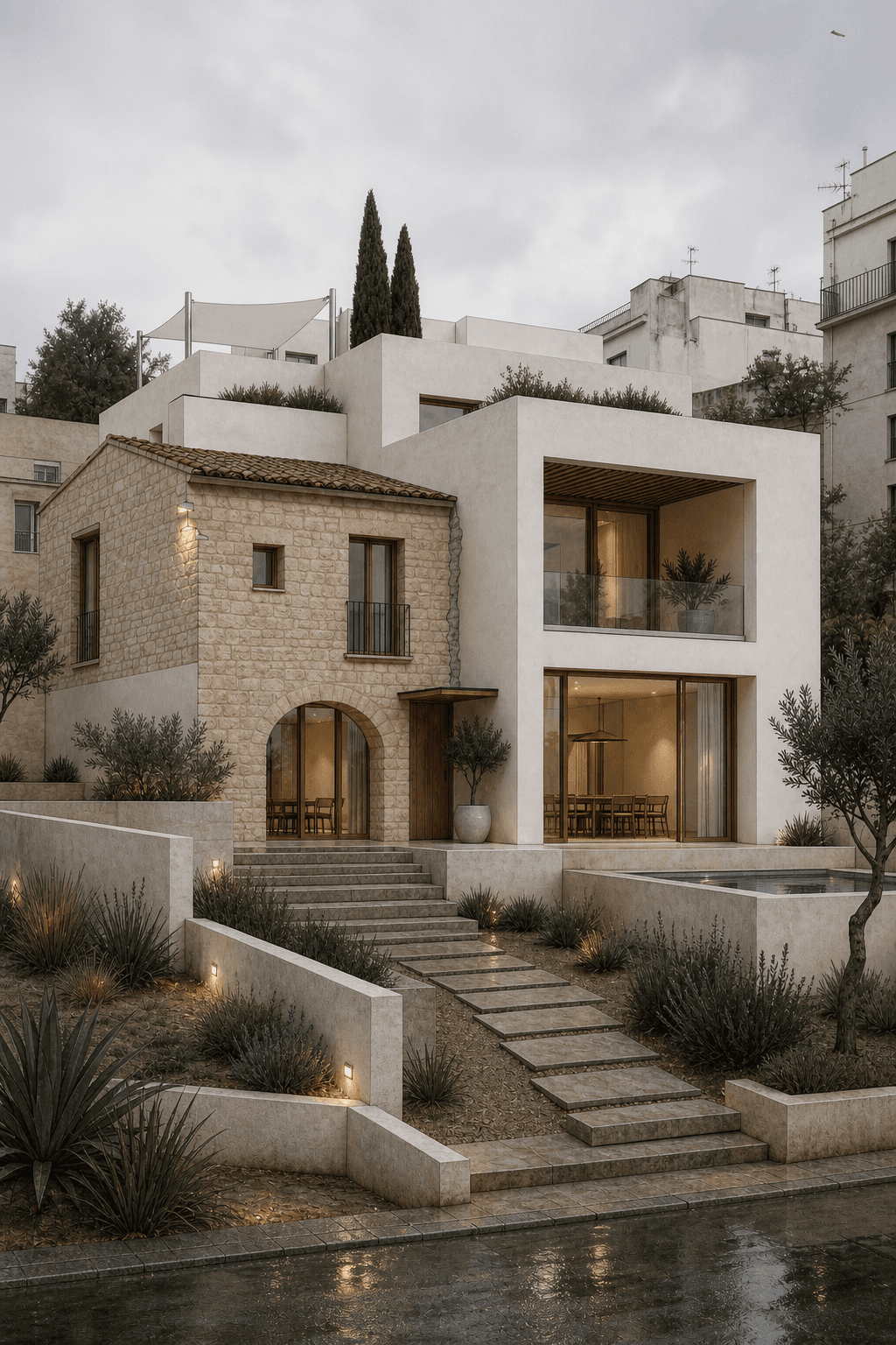 Photo-realistic AI render of modern mediterranean residence made from a SketchUp model