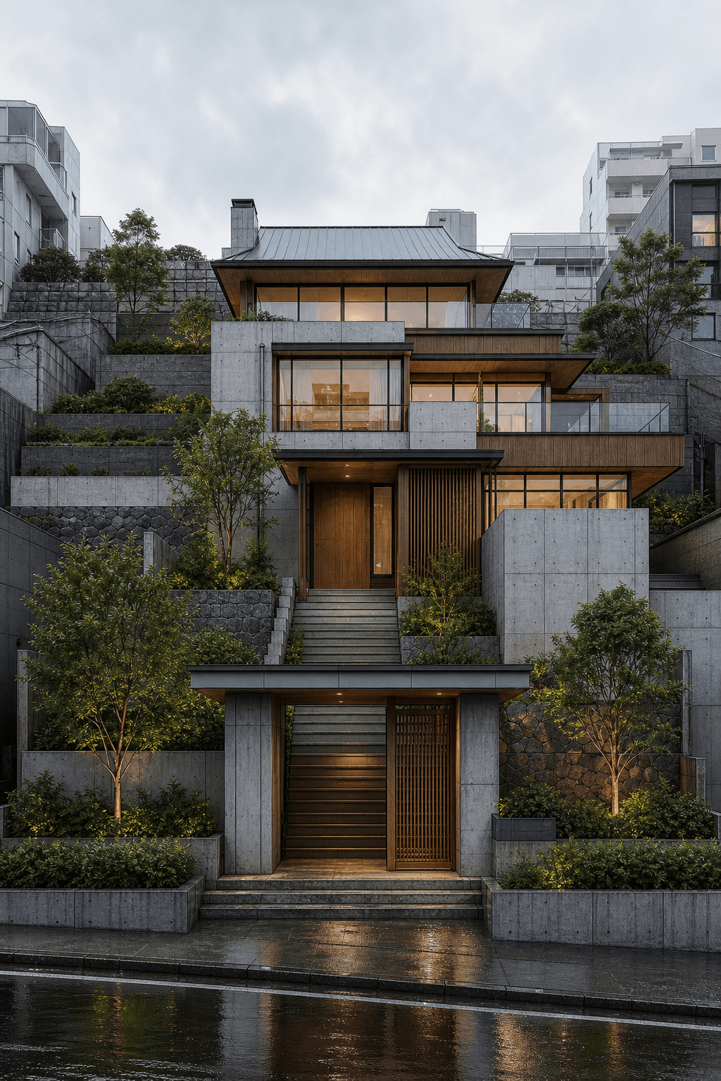 Photo-realistic AI render of terraced hillside home made from a Rhino model