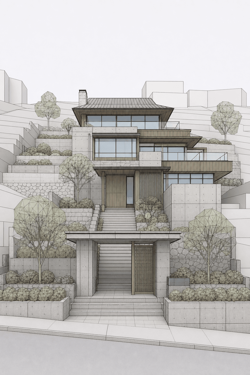 Rhino model screenshot of terraced hillside home before photo-realism rendering