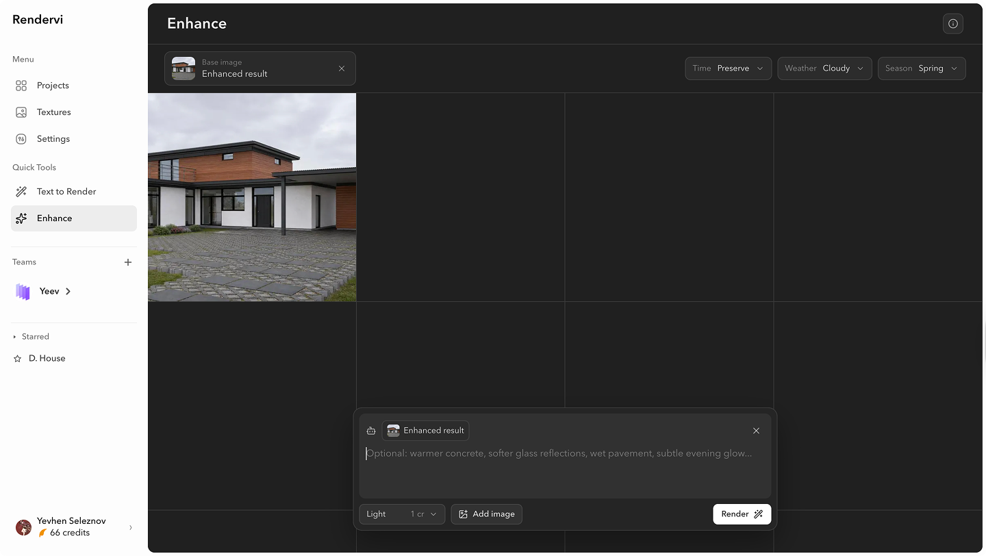 Rendervi quick tools interface with text to render and enhance workflows