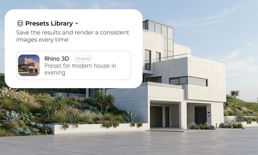 Saved preset view in Rendervi for keeping AutoCAD renders consistent across angles