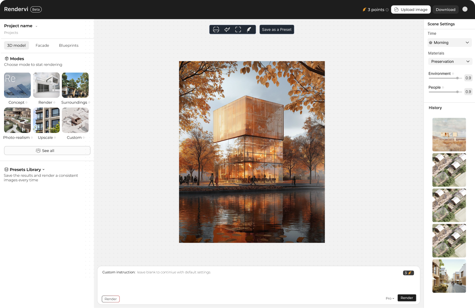 Rendervi studio interface before starting a text to render idea