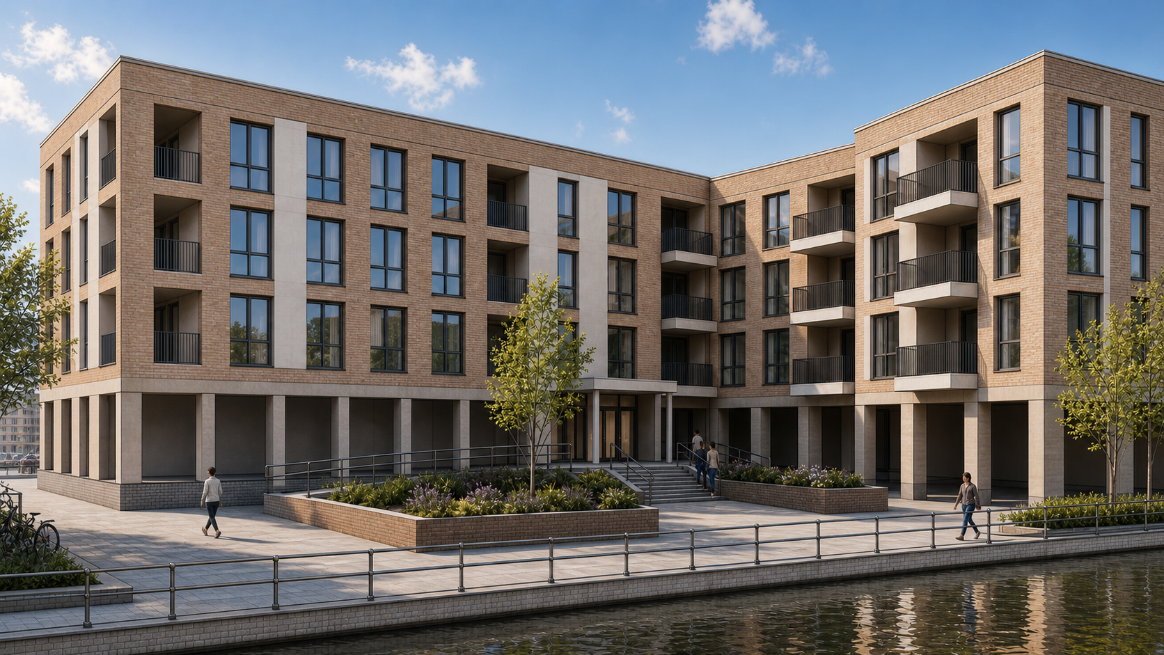 Environment AI render of canal-side apartment housing with morning waterfront context made from a Revit model