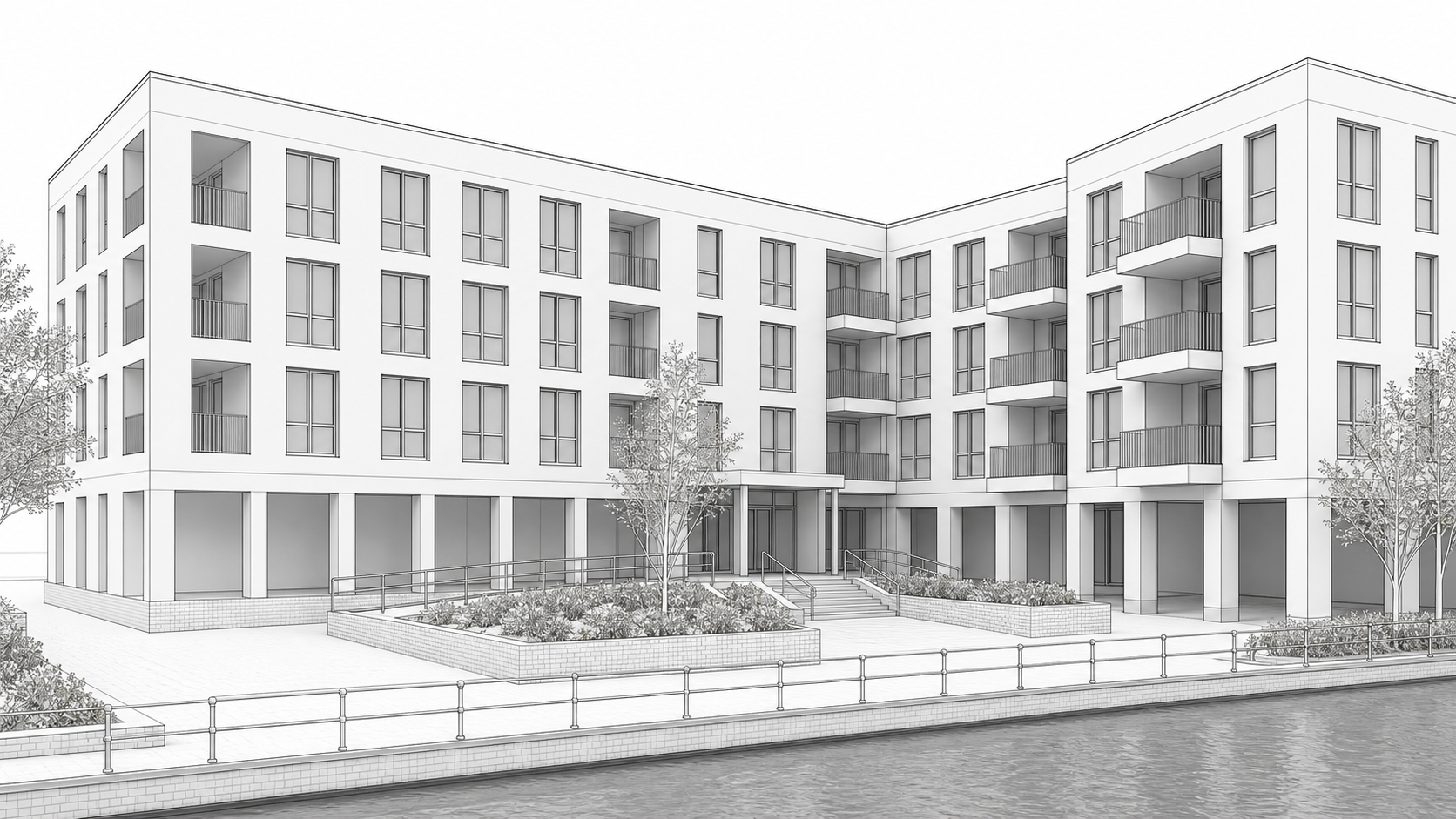 Revit model screenshot of canal-side apartment housing before Environment rendering