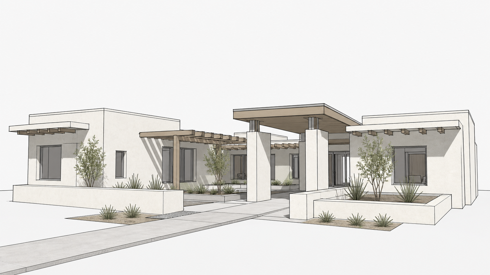 SketchUp model screenshot of a coastal clinic before Environment rendering