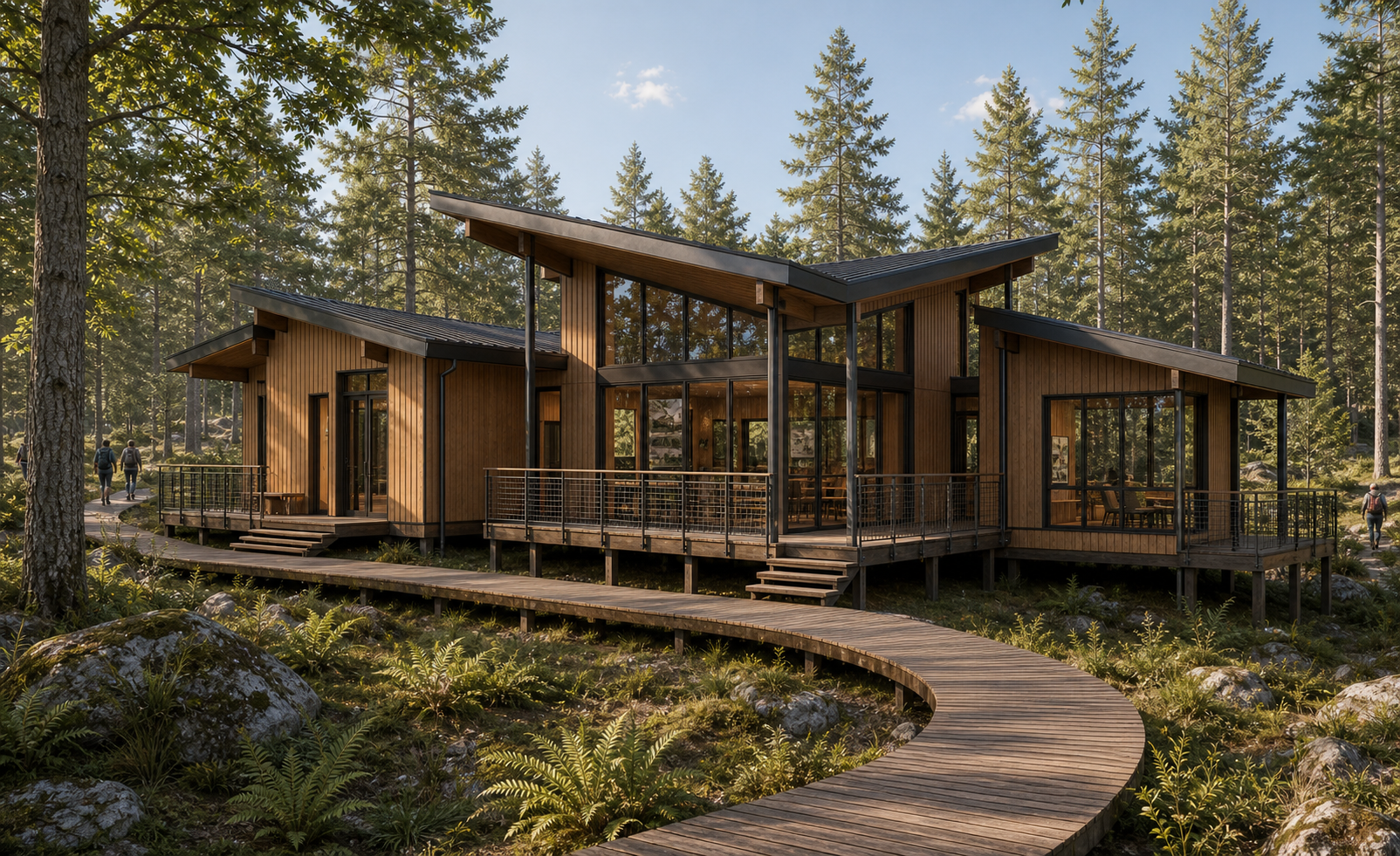 Environment AI render of a forest visitor center with timber boardwalk and woodland context made from a Rhino model