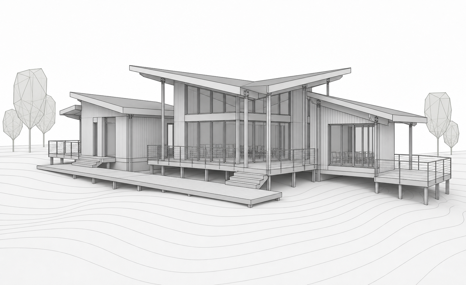 Rhino model screenshot of a forest visitor center before Environment rendering