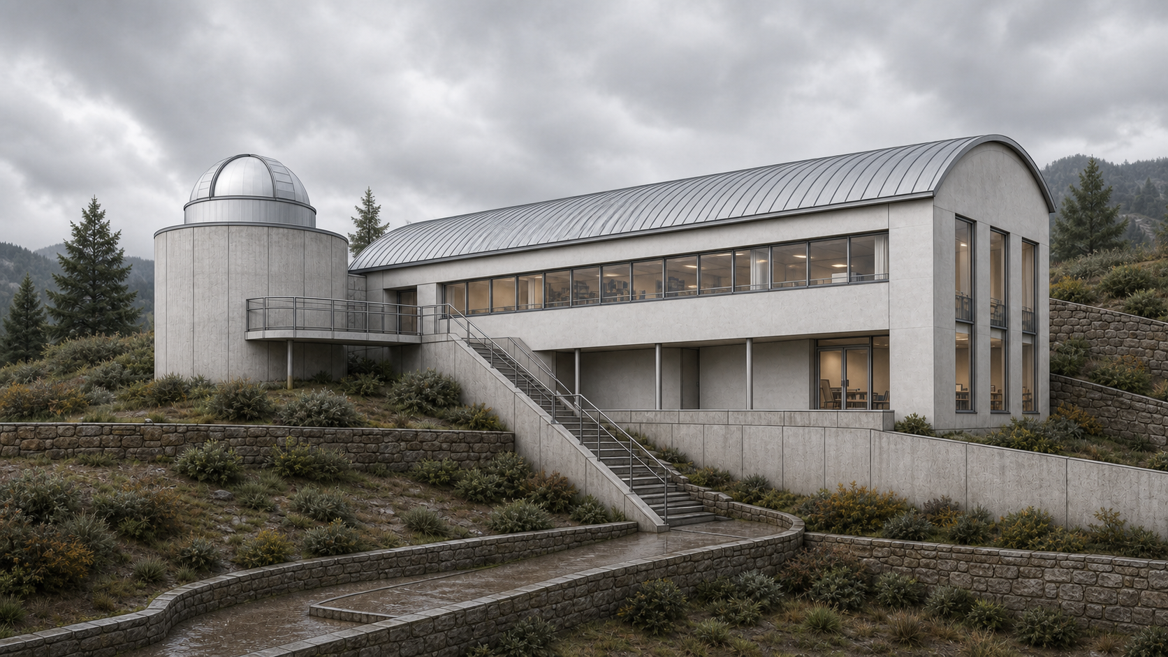 Environment AI render of a hillside research studio with cloudy mountain context made from a Rhino model