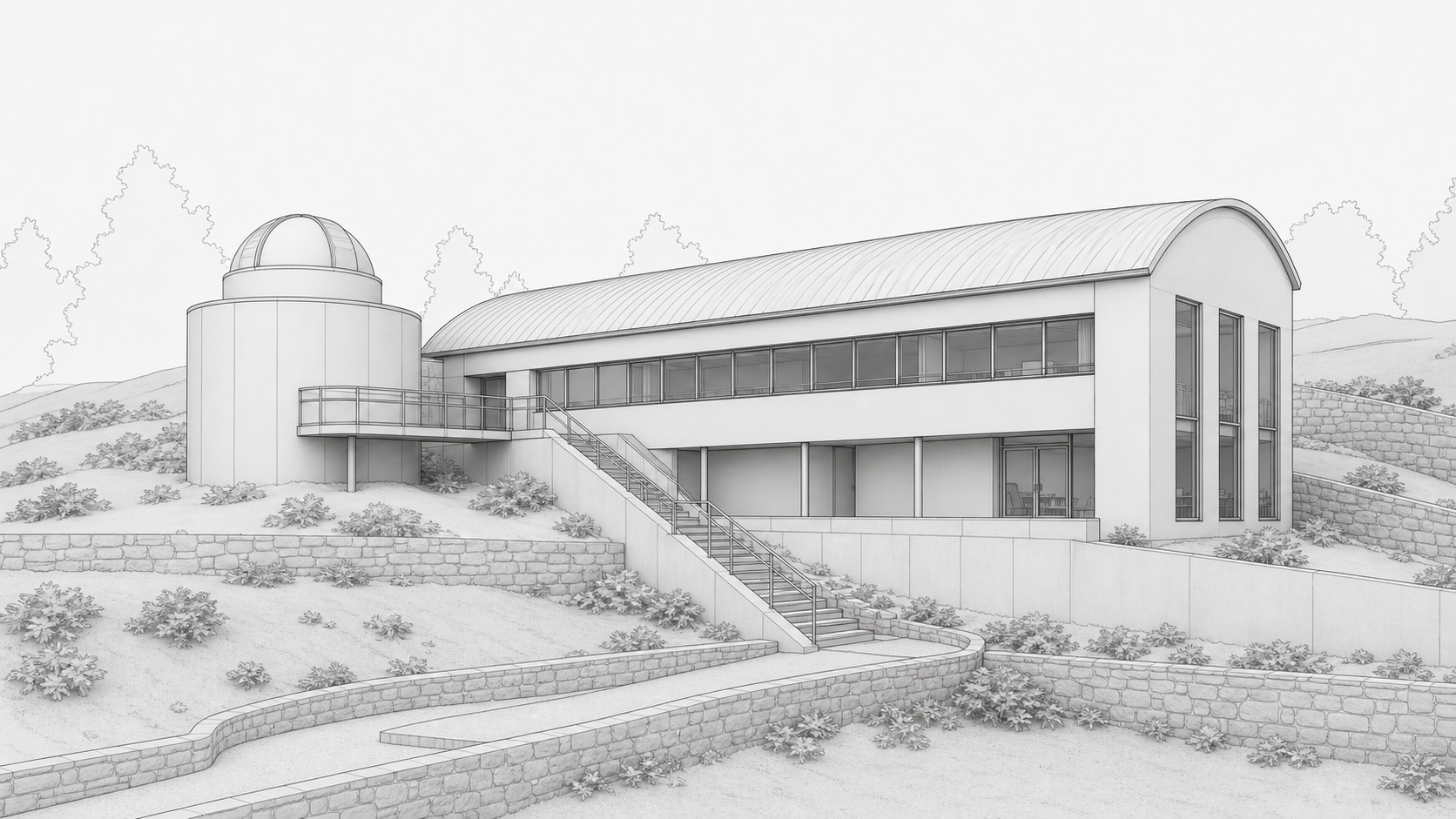 Rhino model screenshot of a hillside research studio before Environment rendering