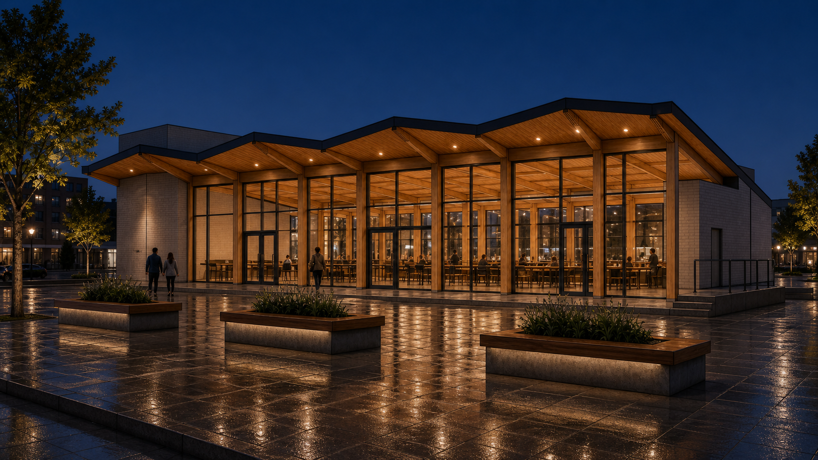 Environment AI render of a neighborhood market hall at night made from a SketchUp model