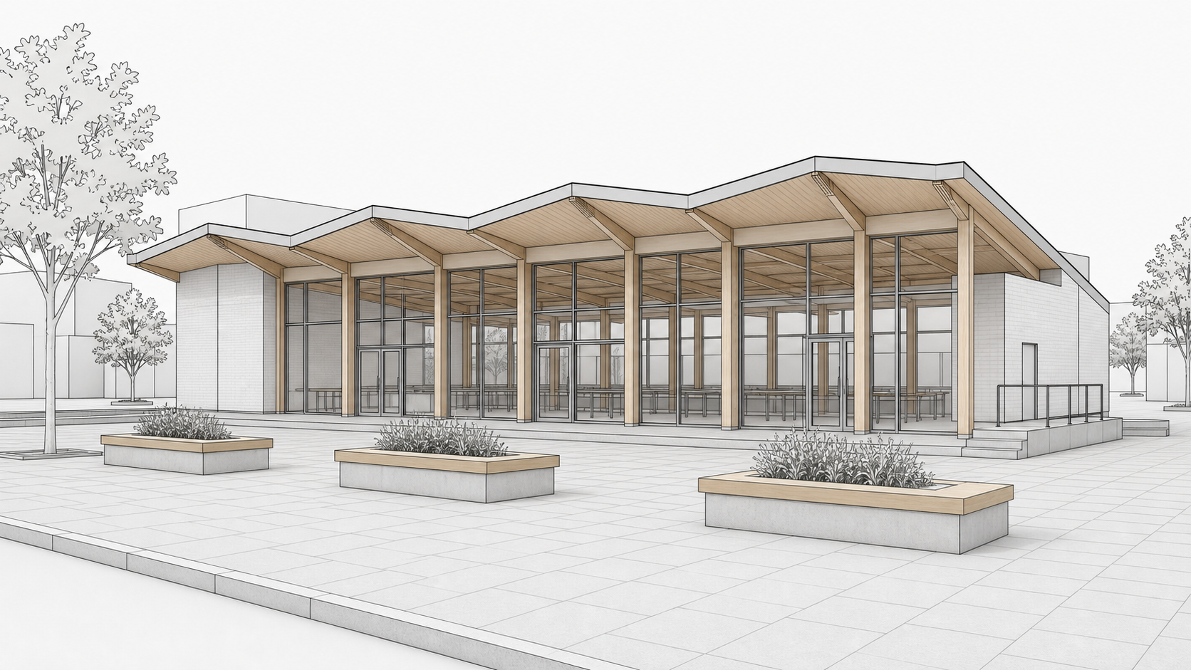 SketchUp model screenshot of a neighborhood market hall before Environment rendering