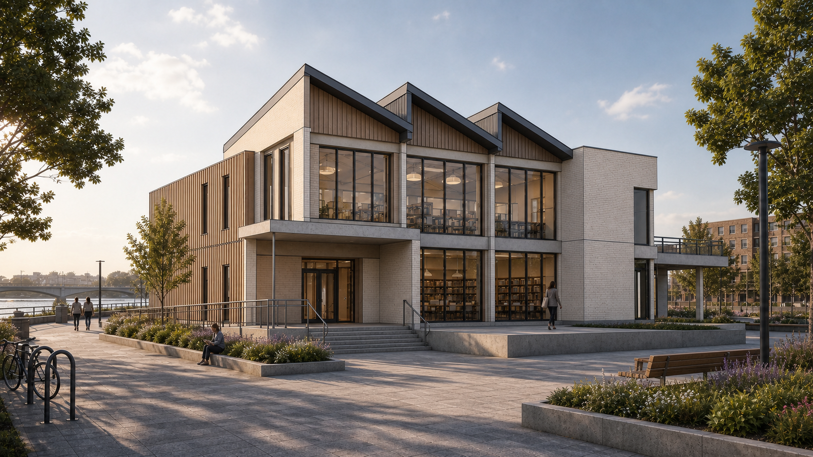 Environment AI render of a riverside community library with city riverfront surroundings made from a Revit model