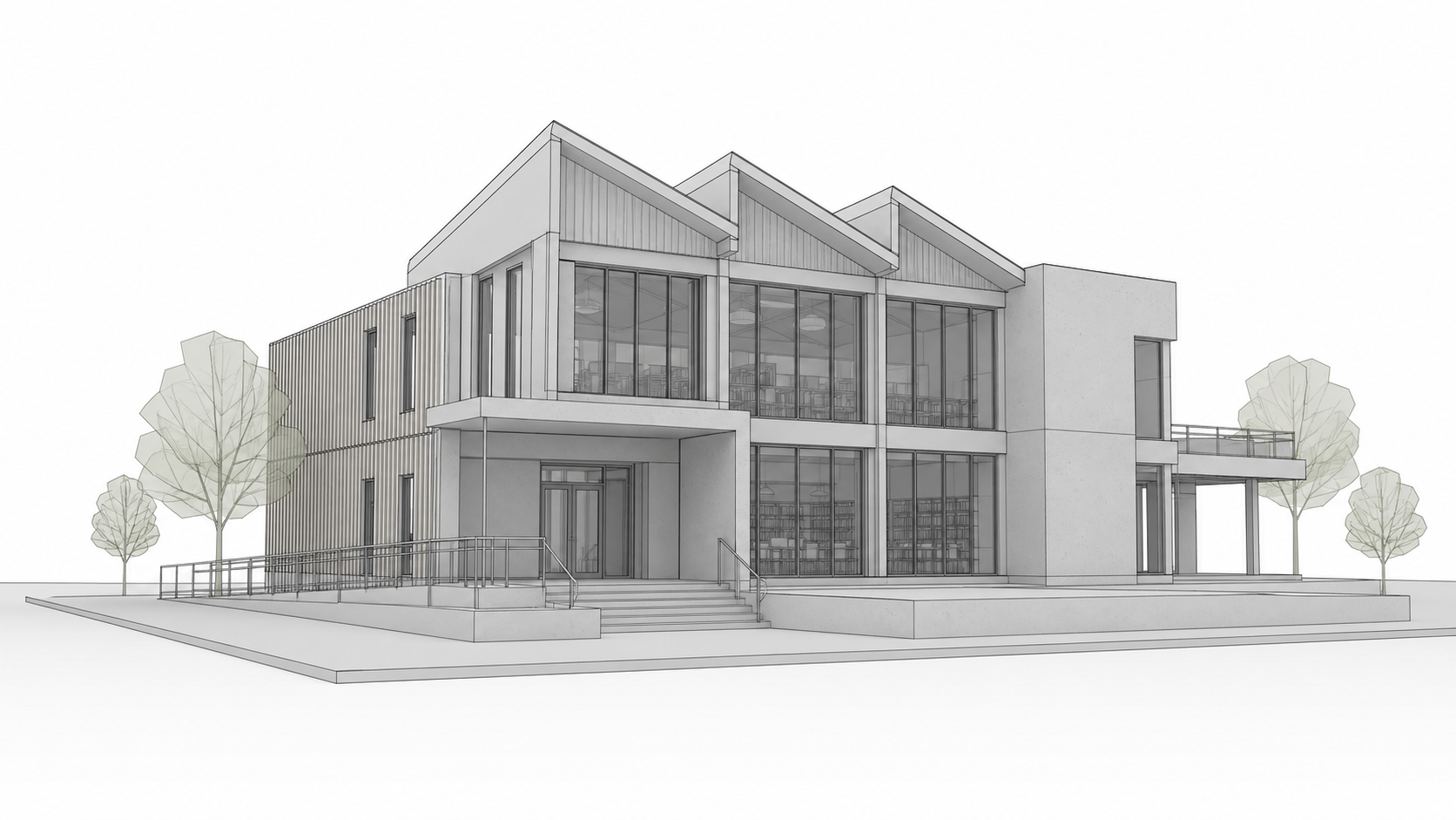 Revit model screenshot of a riverside community library before Environment rendering