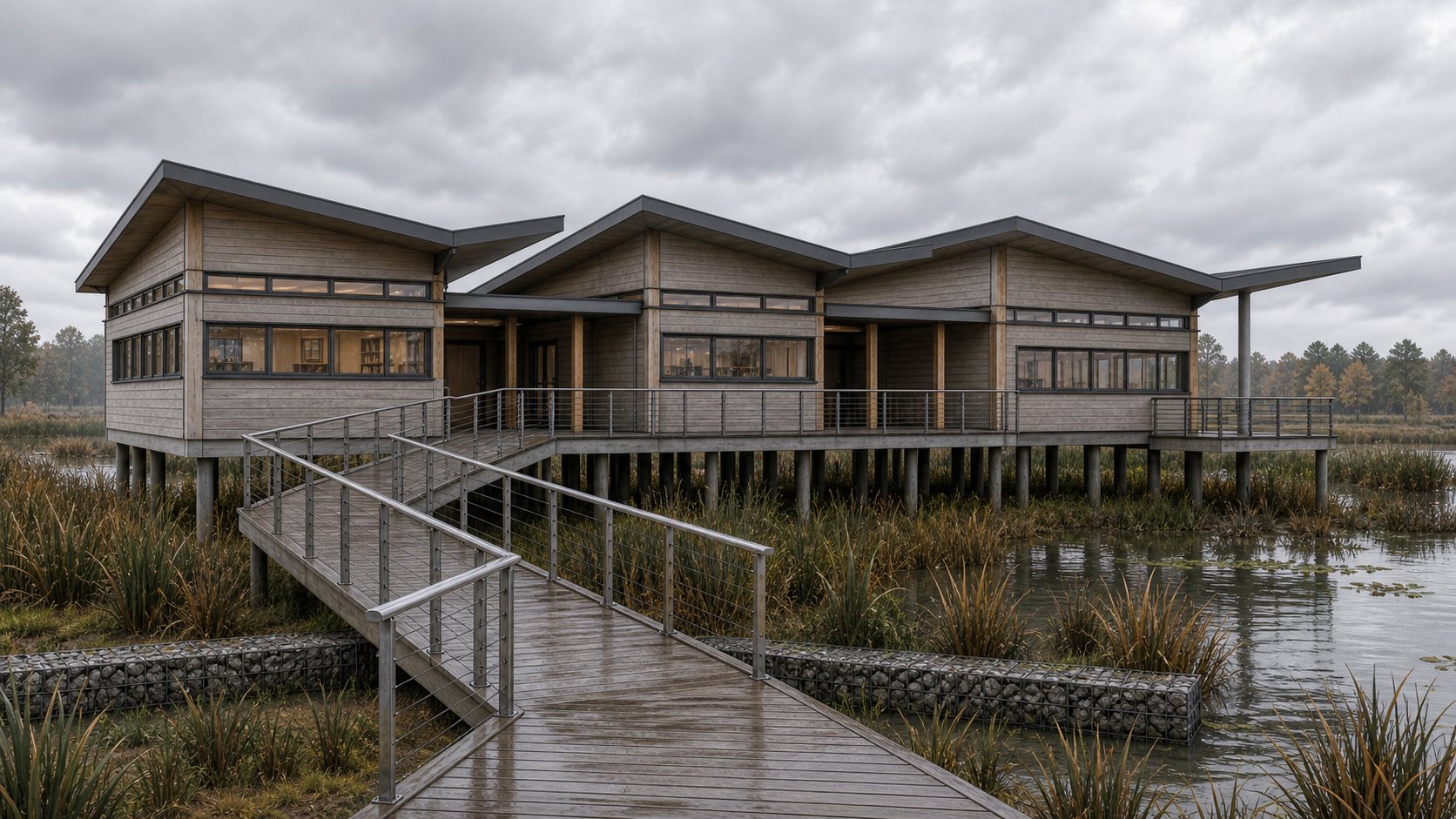 Environment AI render of a wetland learning center with cloudy marsh context made from a Revit model