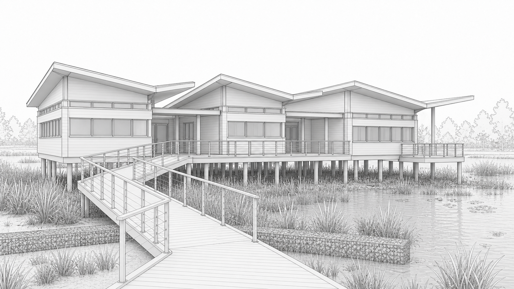 Revit model screenshot of a wetland learning center before Environment rendering