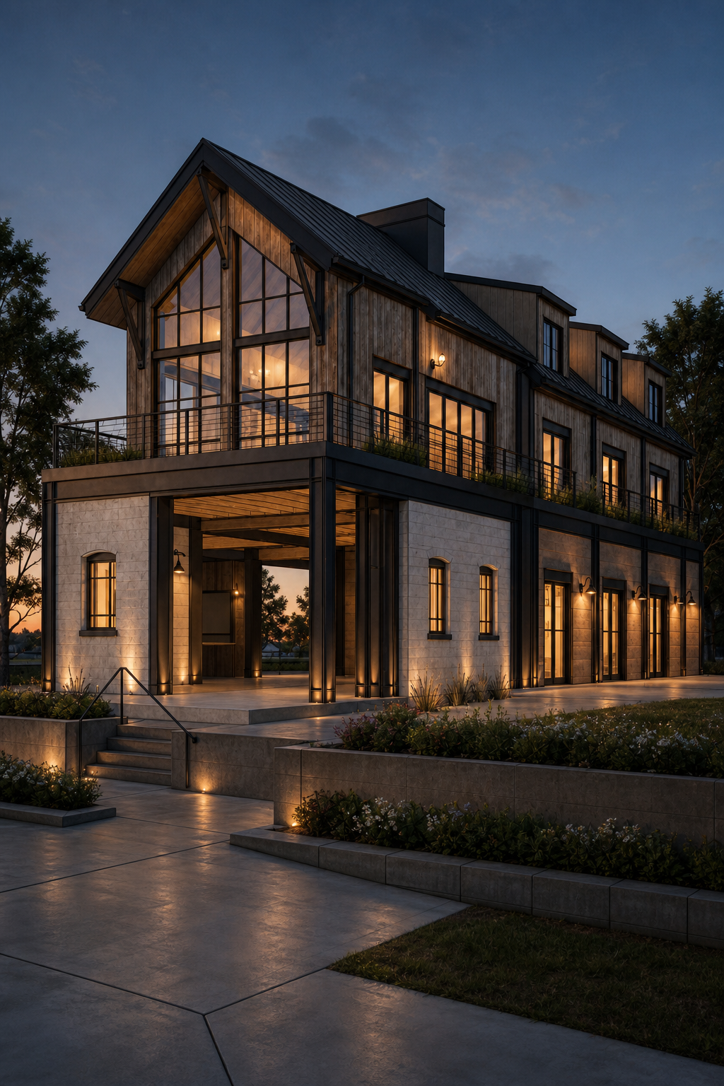 Photo-realistic AI render of barndominium residence made from a Revit model
