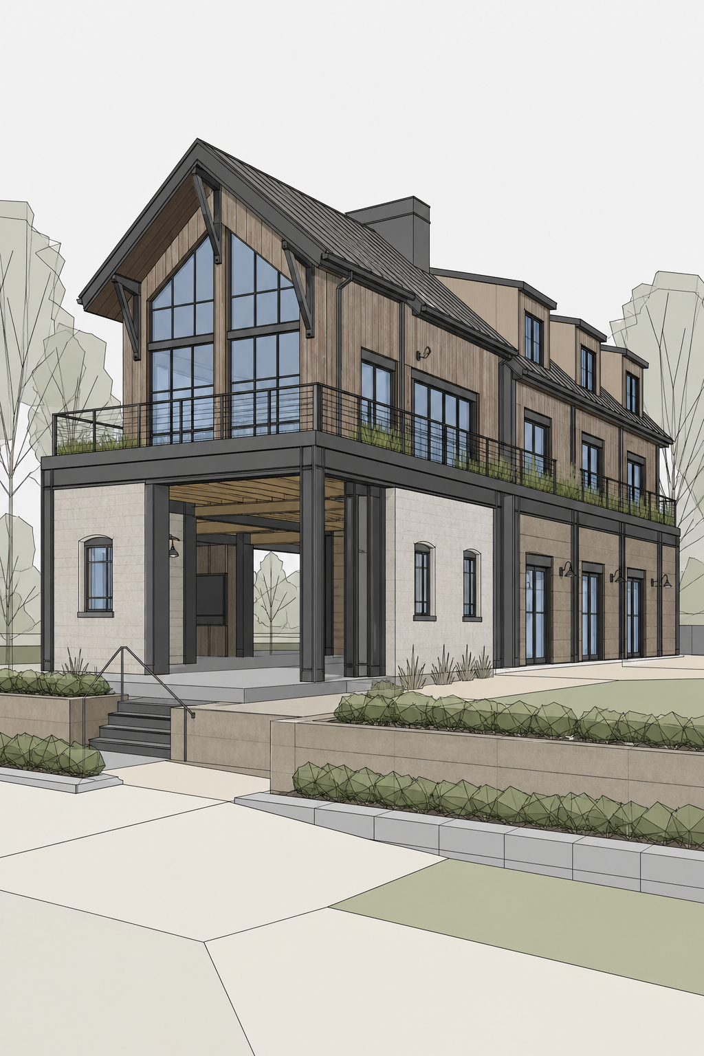 Revit model screenshot of barndominium residence before photo-realism rendering