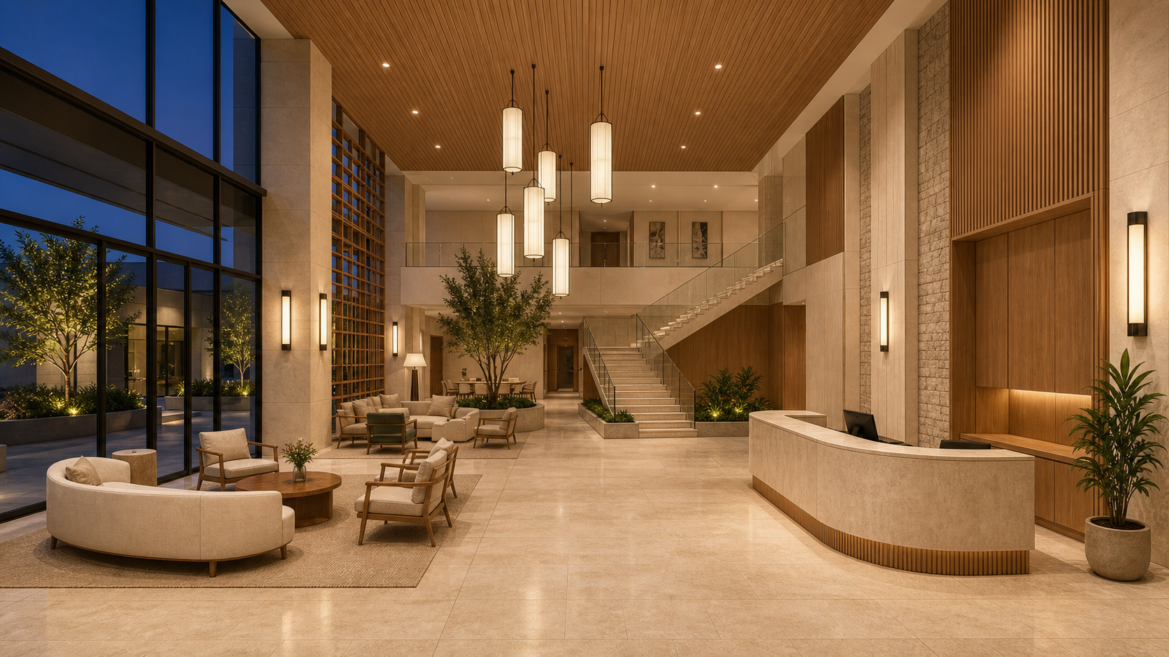 Photo-realistic AI render of boutique hotel lobby made from a Rhino model