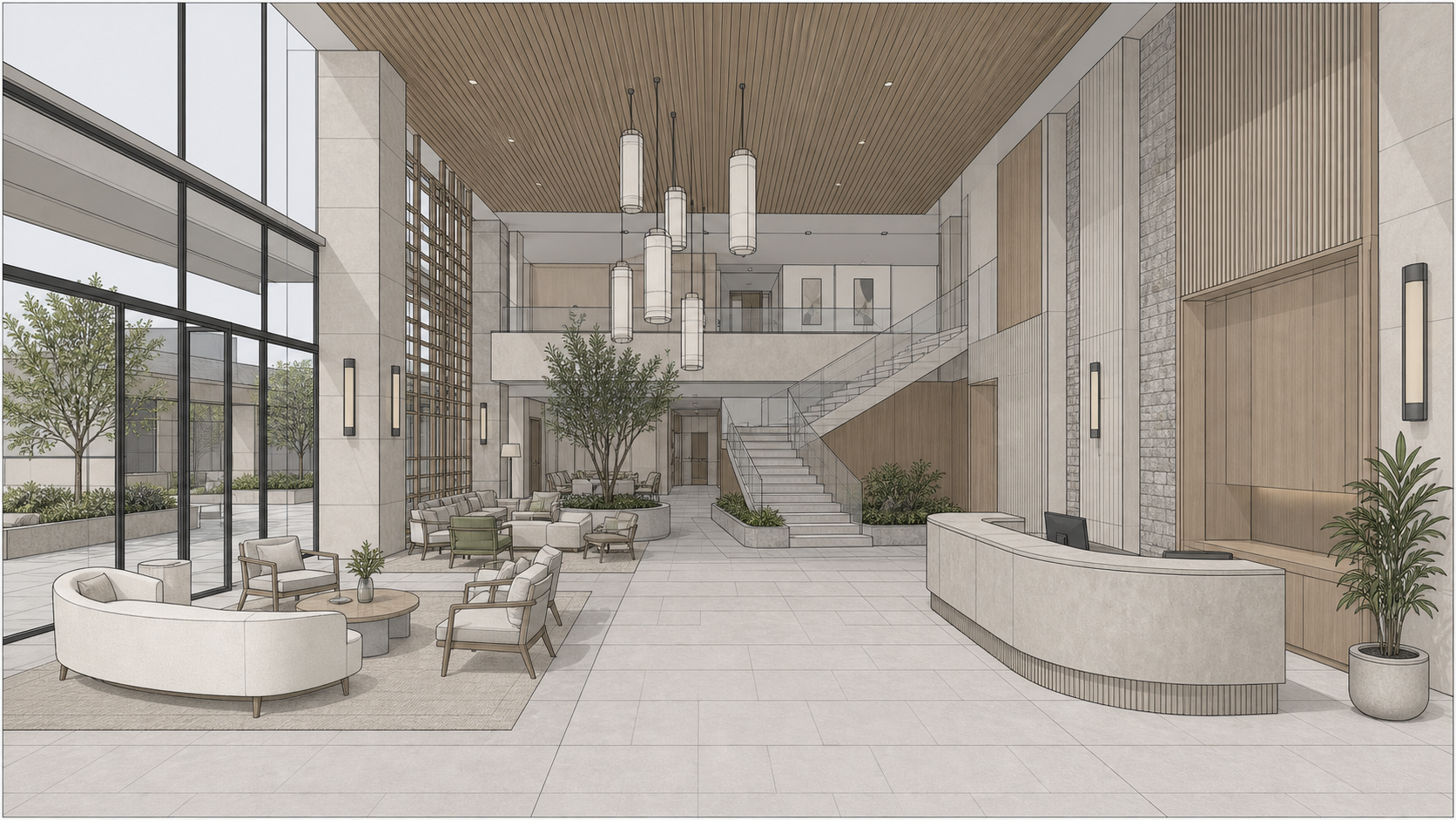 Rhino model screenshot of boutique hotel lobby before photo-realism rendering