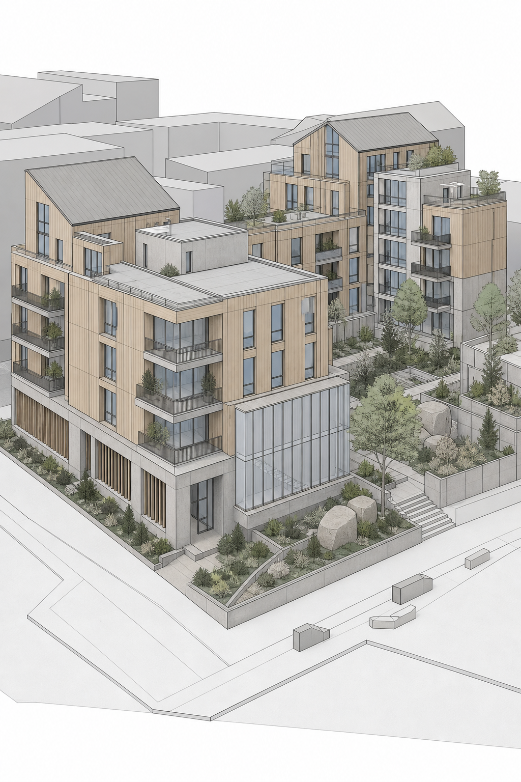 Revit model screenshot of clustered courtyard housing before photo-realism rendering