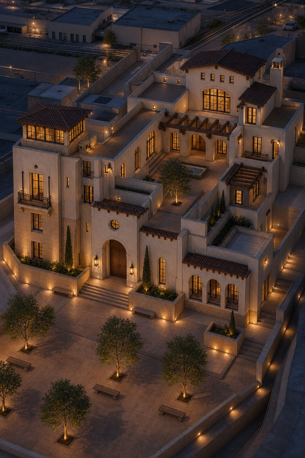 Photo-realistic AI render of courtyard estate home made from a Rhino model